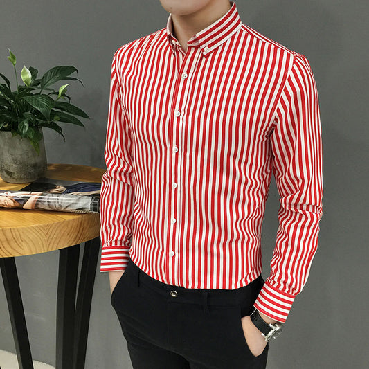 Long-Sleeved Striped Korean Slim Handsome Youth Trendy Casual Printed Black And White Bottoming Shirt