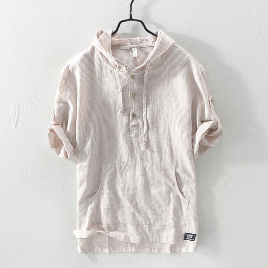 Summer Striped Men's Hooded Cotton And Linen T-Shirt Drawstring T-Shirt