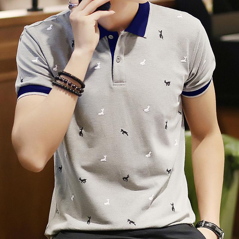 Men's Summer Thin Polo Shirt Fawn Print Lapel Short Sleeve T-Shirt