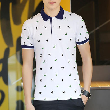 Men's Summer Thin Polo Shirt Fawn Print Lapel Short Sleeve T-Shirt