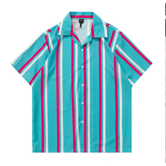 Summer Retro Short Sleeved Shirt Coarse Striped Loose Shirt
