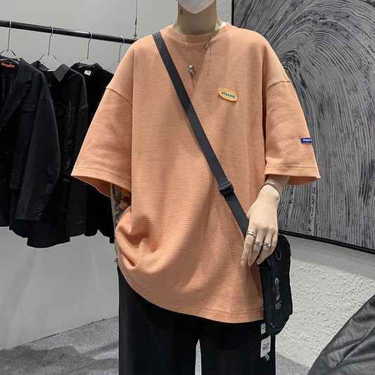 Japanese Casual Men's Half Sleeve T-shirt Loose Round Neck Street Waffle Tee