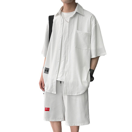 Striped Short-sleeved Shirt Loose Straight-leg Shorts Two-piece Suit