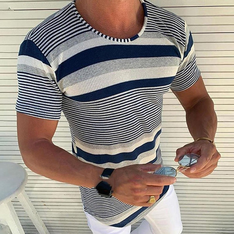 Striped Round Neck Short Sleeve Woolen T-shirt