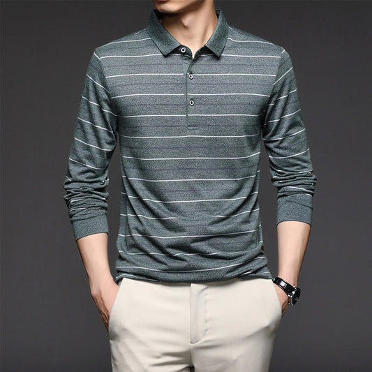 Business Casual Striped Cotton T-shirt Middle-aged And Elderly Lapel Loose Top