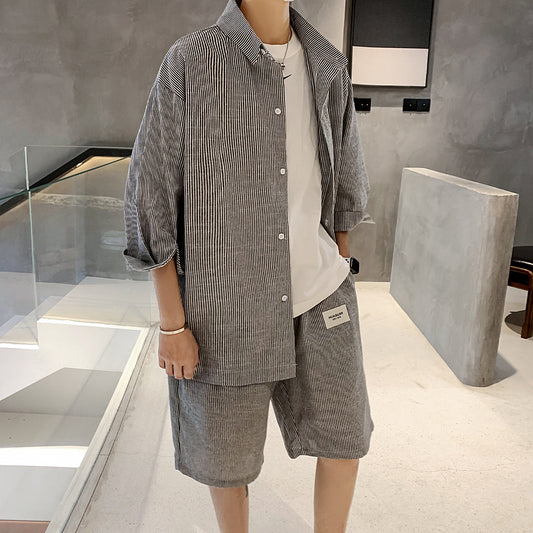 Summer Striped Shirt Casual Shorts Suit