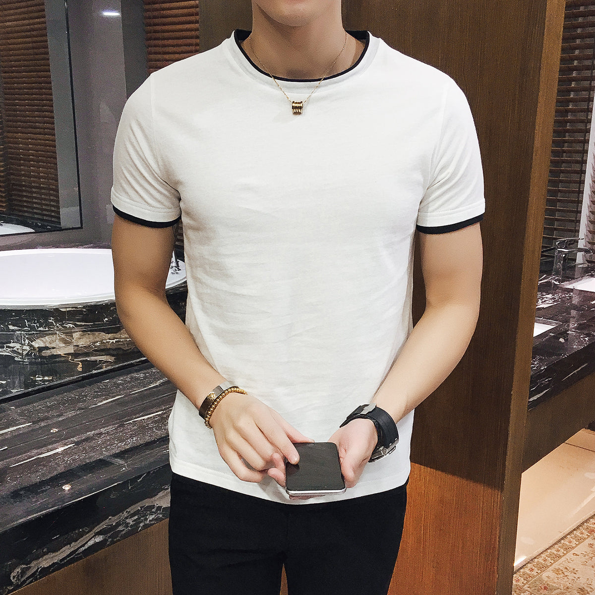 Round neck fake two piece Jersey short sleeve