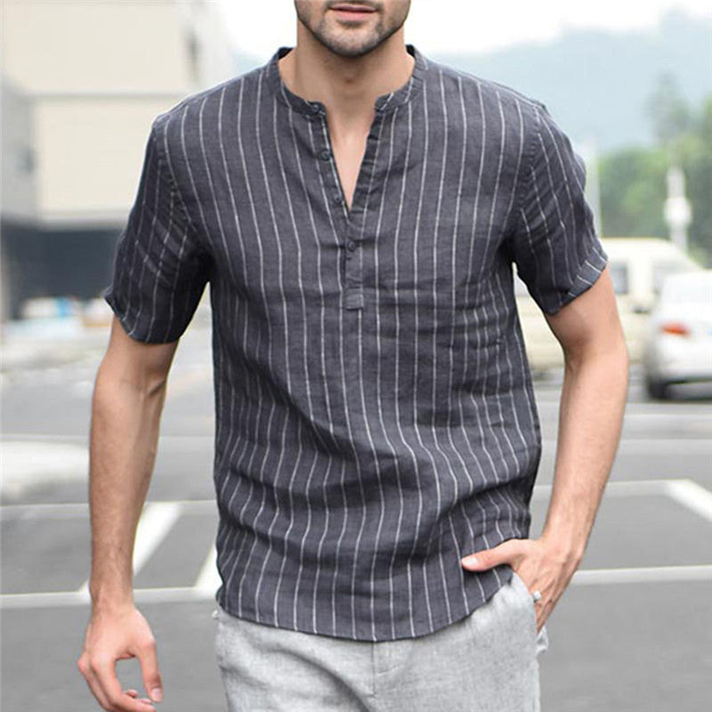 Short sleeve slim striped small collar shirt