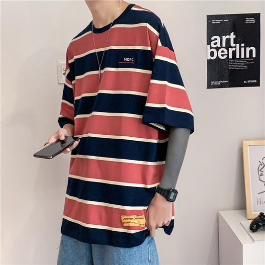 Striped Short Sleeve Men's Loose Drop Shoulder Undergarment