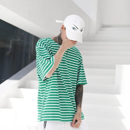 Loose green striped retro BF wind short sleeve