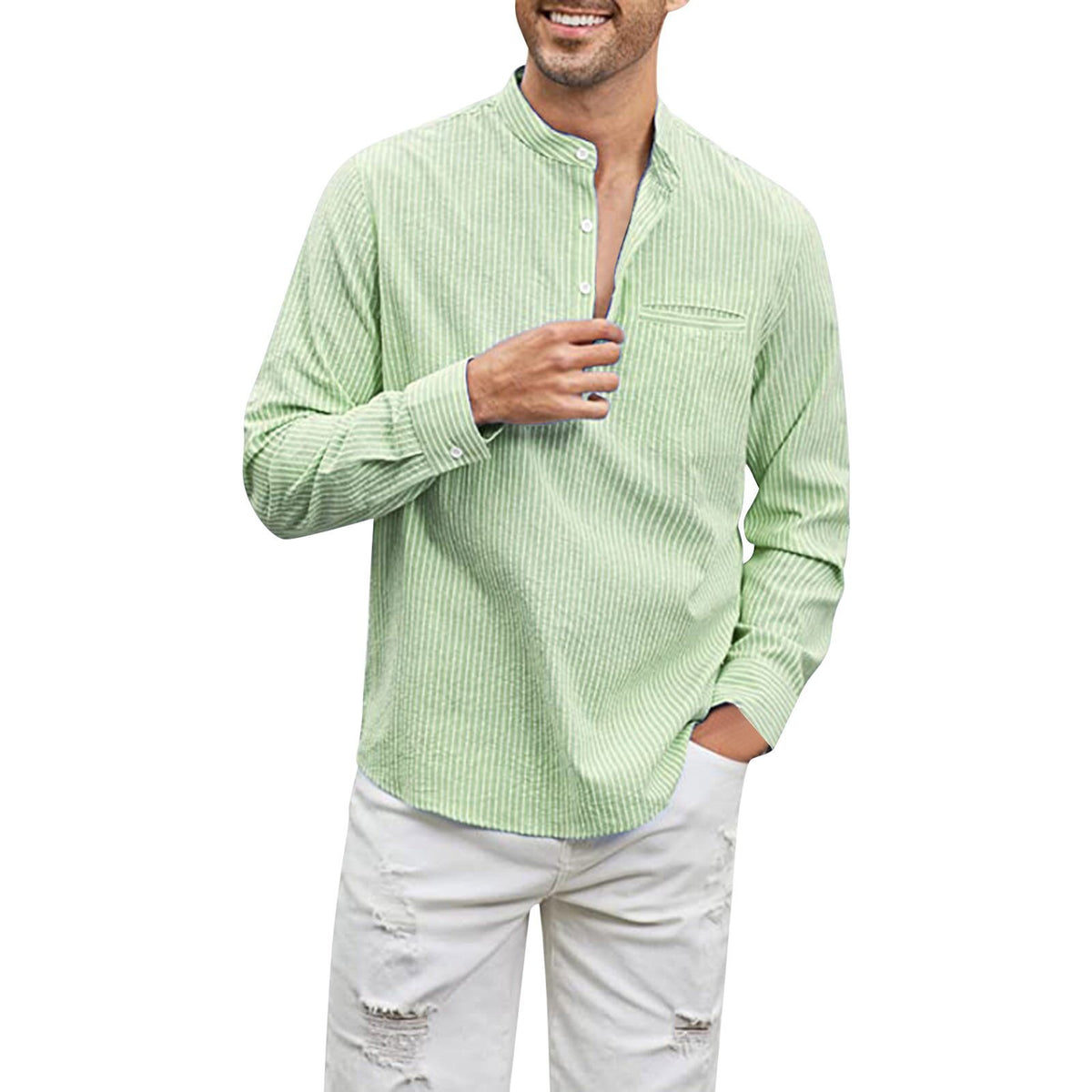 Cotton And Linen Men's Shirt Stand Collar