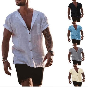 Summer Short Sleeve Shirts Loose-Fitting Button V-neck Tops Men's Clothing