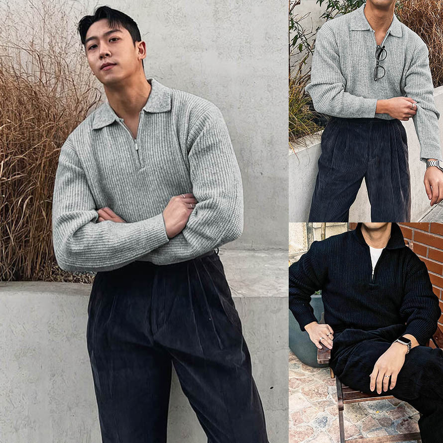 Knitted Men's Turn-down Collar Half-zip Light Luxury Jacket