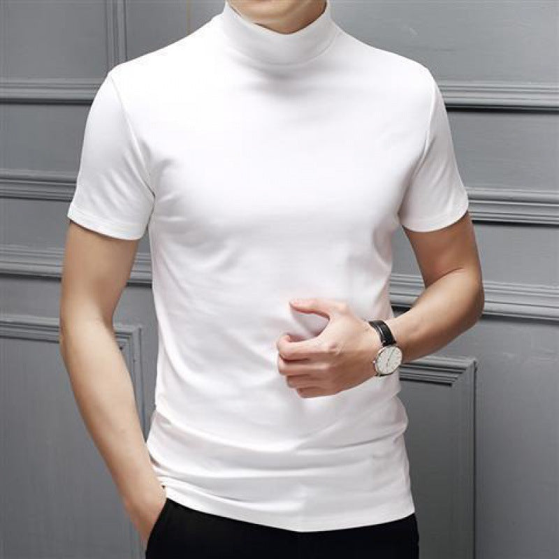 Spring Summer Men Half Turtleneck Mercerized Cotton Short Sleeves