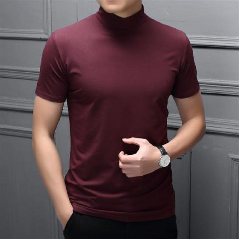 Spring Summer Men Half Turtleneck Mercerized Cotton Short Sleeves