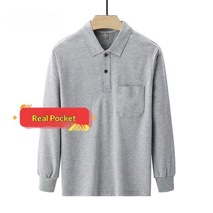 Men's Solid-color Long-sleeve Top With A Turn-down Collar And Real Pockets