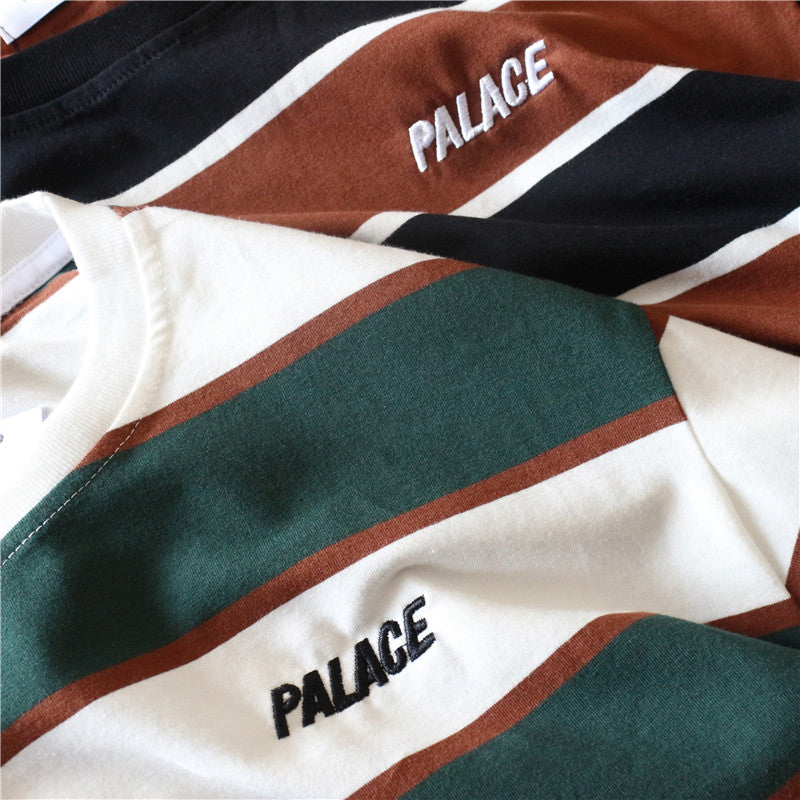 Striped colorblock embroidered letter T-shirt