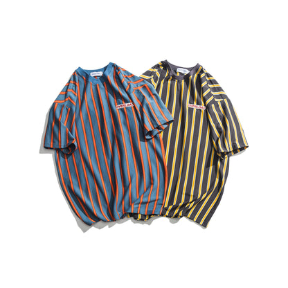 Loose vertical stripes short sleeves