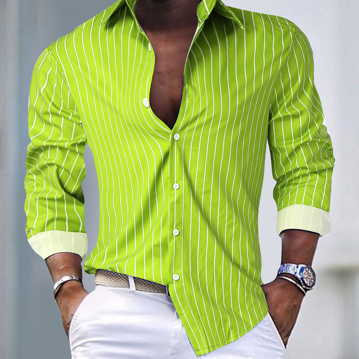Fall Winter Men Striped Lapel Cardigan Striped Long Sleeve Shirt