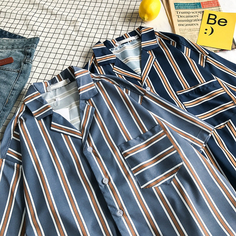 Contrast striped short sleeve loose shirt