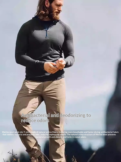 Gray Shell Quick-Dry Half-Zip Mens Outdoor Wool Long-Sleeve