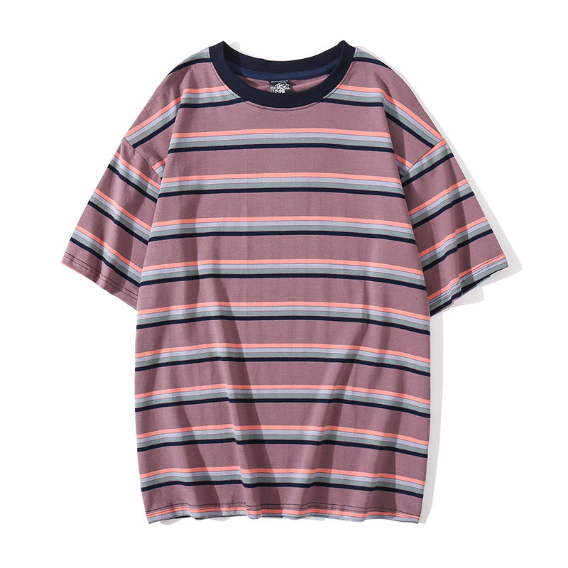 Simple striped loose short sleeve couple T-shirt