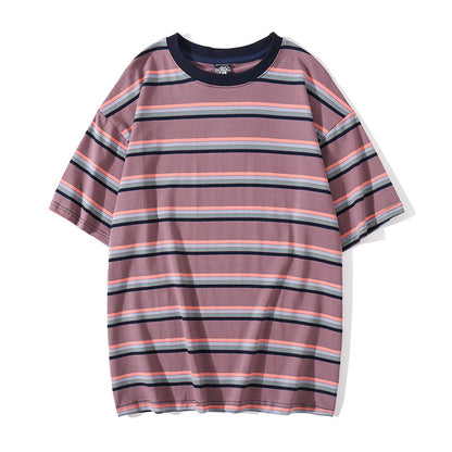 Simple striped loose short sleeve couple T-shirt