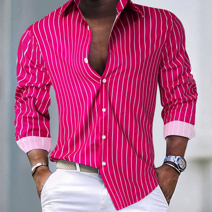 Fall Winter Men Striped Lapel Cardigan Striped Long Sleeve Shirt