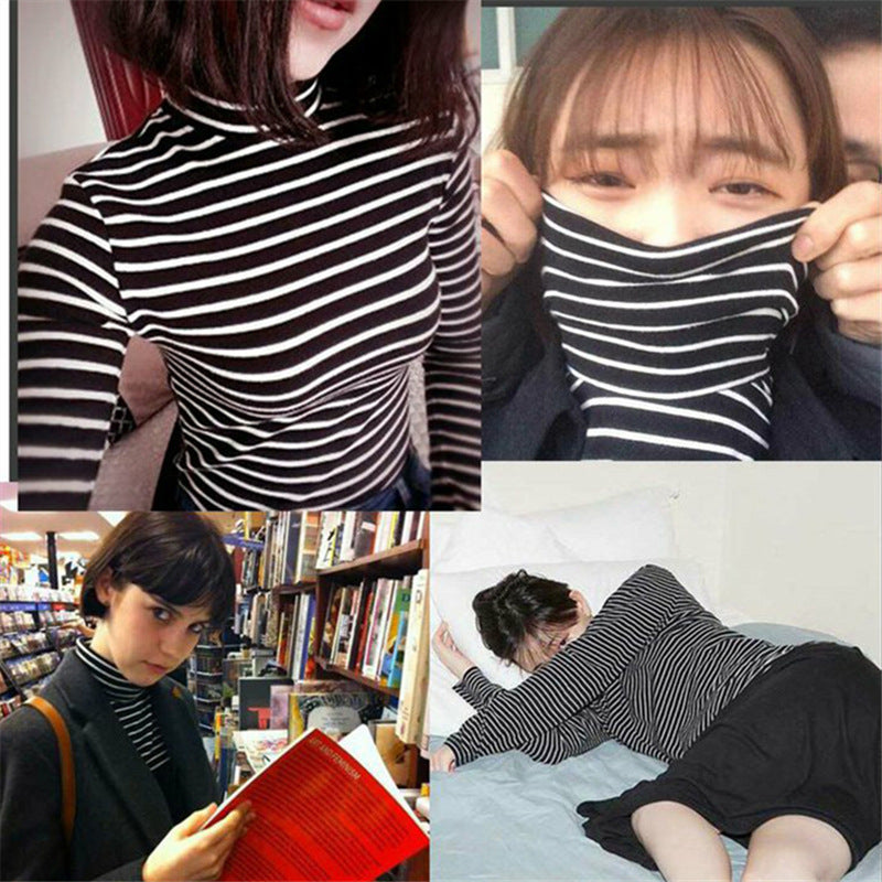 Striped Long-sleeved T-shirt Korean Version Of The Turtleneck Bottoming Shirt Students