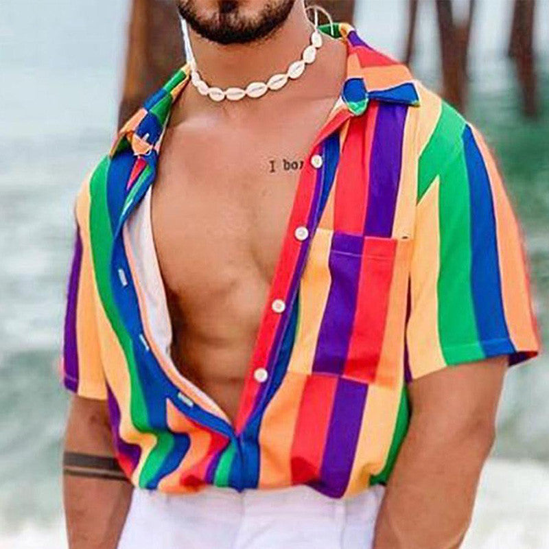 Color stripe printed shirt men's summer