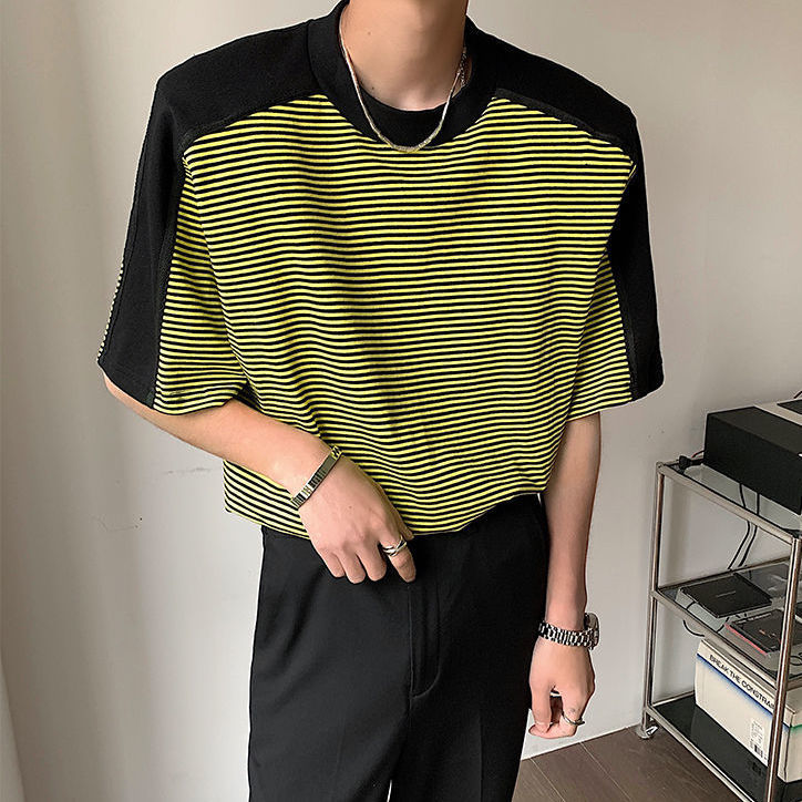 Men's Loose Striped Stitching Short Sleeve T-shirt With Shoulder Pads