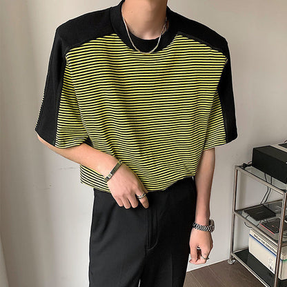 Men's Loose Striped Stitching Short Sleeve T-shirt With Shoulder Pads