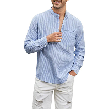 Cotton And Linen Men's Shirt Stand Collar