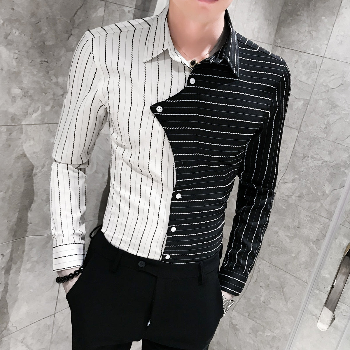 Four seasons British style contrast color stitching men shirt