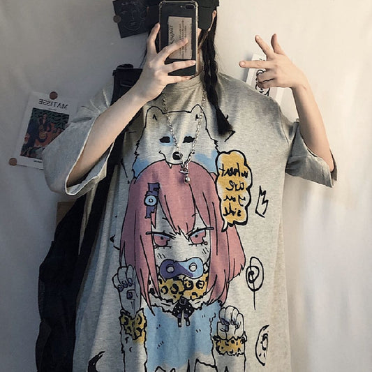 Anime White Loose Ladies Short Sleeve T-shirt