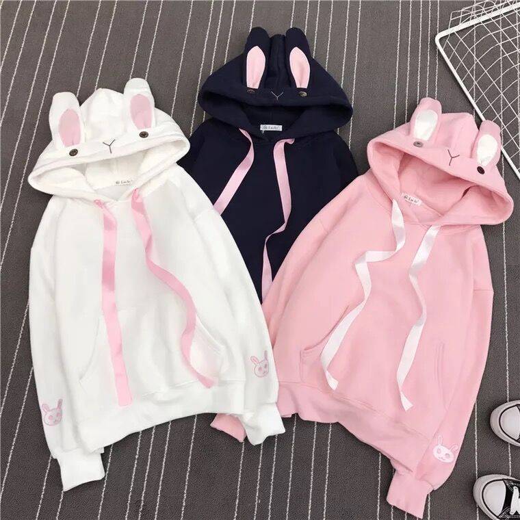 Pink embroidered rabbit ears and fleece hooded sweater