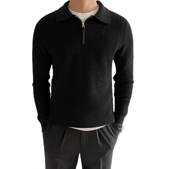 Turn-down Collar Knitted Polo Sweater With Thermal Ribbed Design