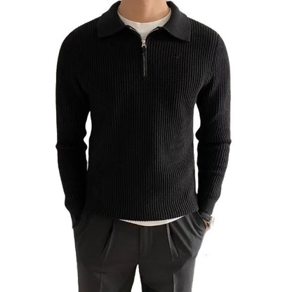 Turn-down Collar Knitted Polo Sweater With Thermal Ribbed Design