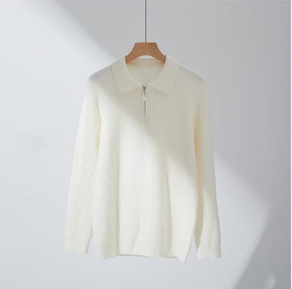 Turn-down Collar Knitted Polo Sweater With Thermal Ribbed Design