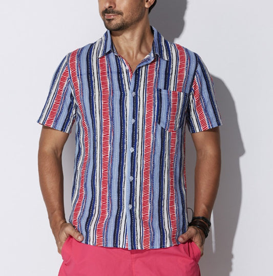 Men's Striped Short Sleeve Shirt Summer Fashion Men's Lapel Shirt