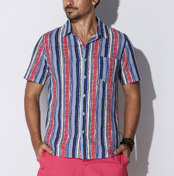 Men's Striped Short Sleeve Shirt Summer Fashion Men's Lapel Shirt