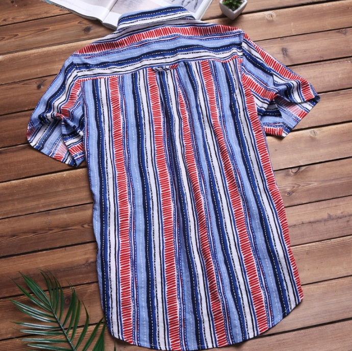 Men's Striped Short Sleeve Shirt Summer Fashion Men's Lapel Shirt