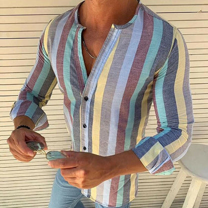 Striped long sleeve linen men's casual shirt
