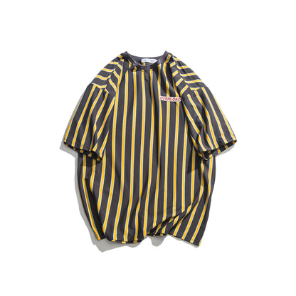 Loose vertical stripes short sleeves