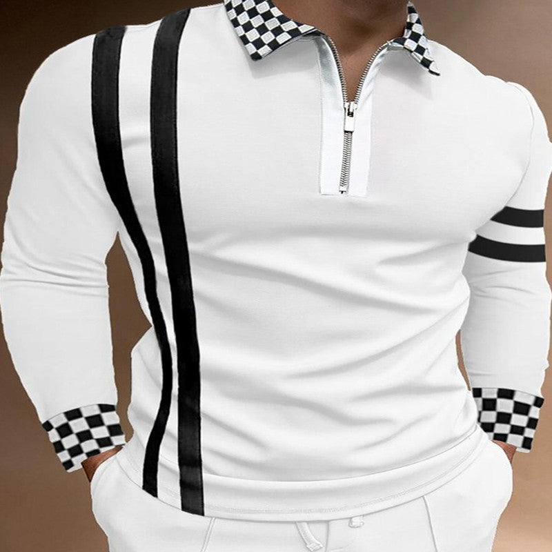 Plaid Color Matching Stitching Casual Long Sleeved T Shirt Top Polo Shirt
