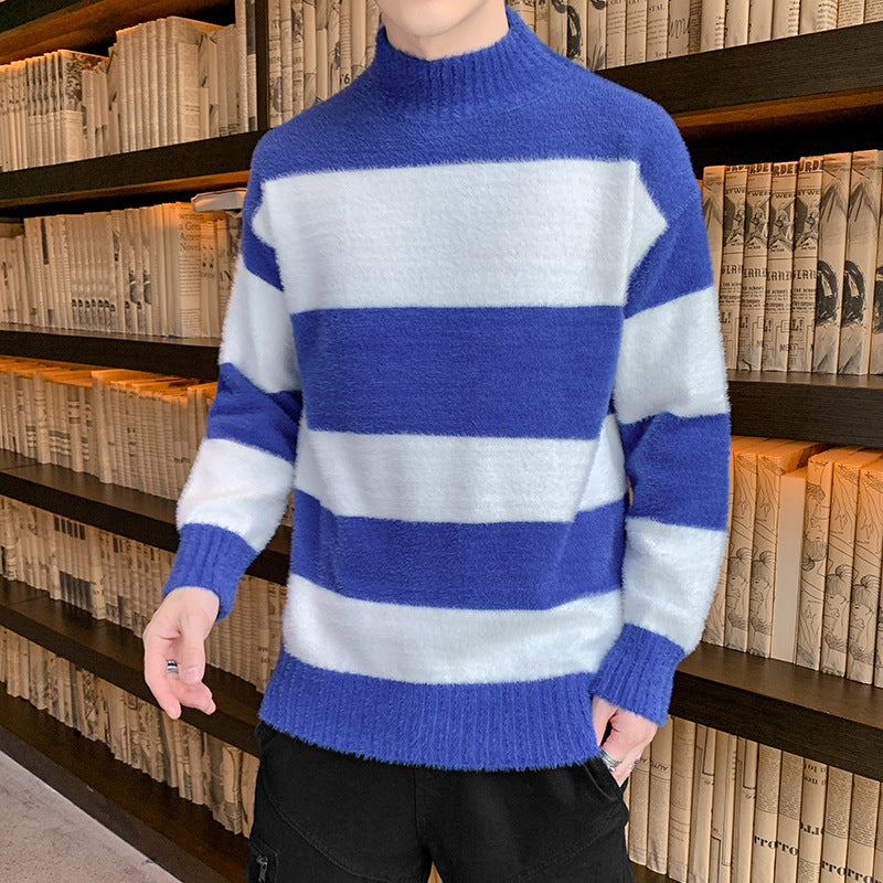 Half High Collar Pullover Striped T-Shirt