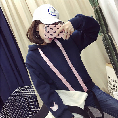 Pink embroidered rabbit ears and fleece hooded sweater