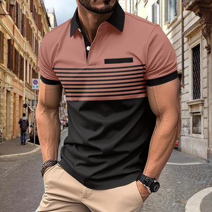 Men's 3D Printed Zipper Short Sleeve Solid Color POLO Top T-shirt