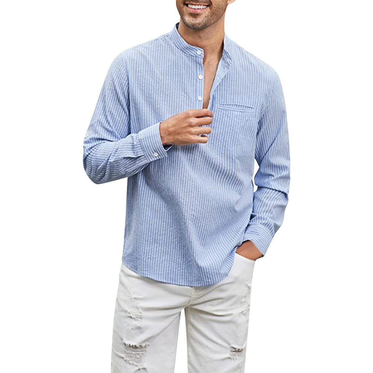 Cotton And Linen Men's Shirt Stand Collar