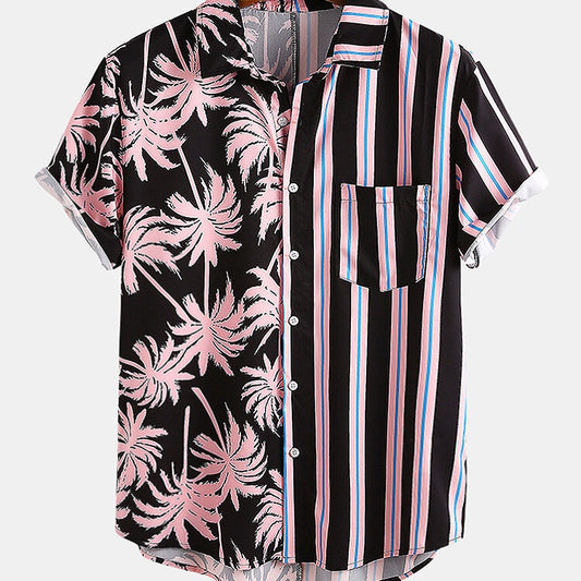 Men's Summer Coconut Print Striped Stitching Casual Holiday Short-sleeved Shirt